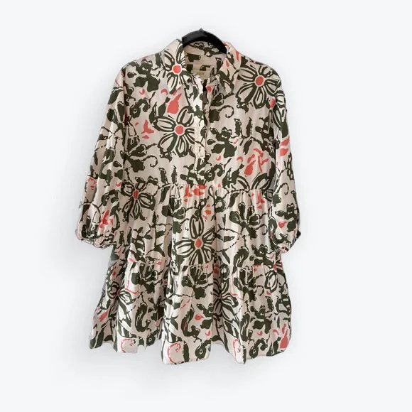 Anthropologie Maeve Bettina Tiered Mini Shirt Dress Orange/Pink Cotton XS - Picture 2 of 10